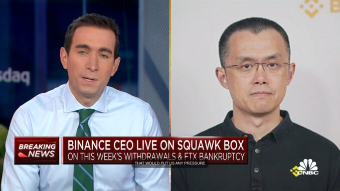 Squawk Box host Andrew Ross-Sorkin and Binance CEO Changpeng Zhao.